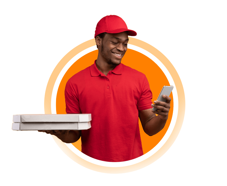 black delivery man holding pizza boxes using smart W8AC8MN
